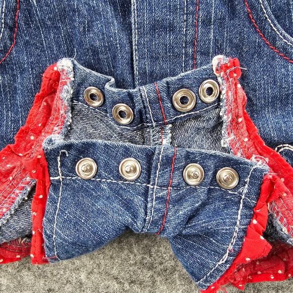 Denim Infant Overalls 6-9 mos Embroidered Strawberry Ruffle Hem Eyelet Accents - Picture 8 of 10
